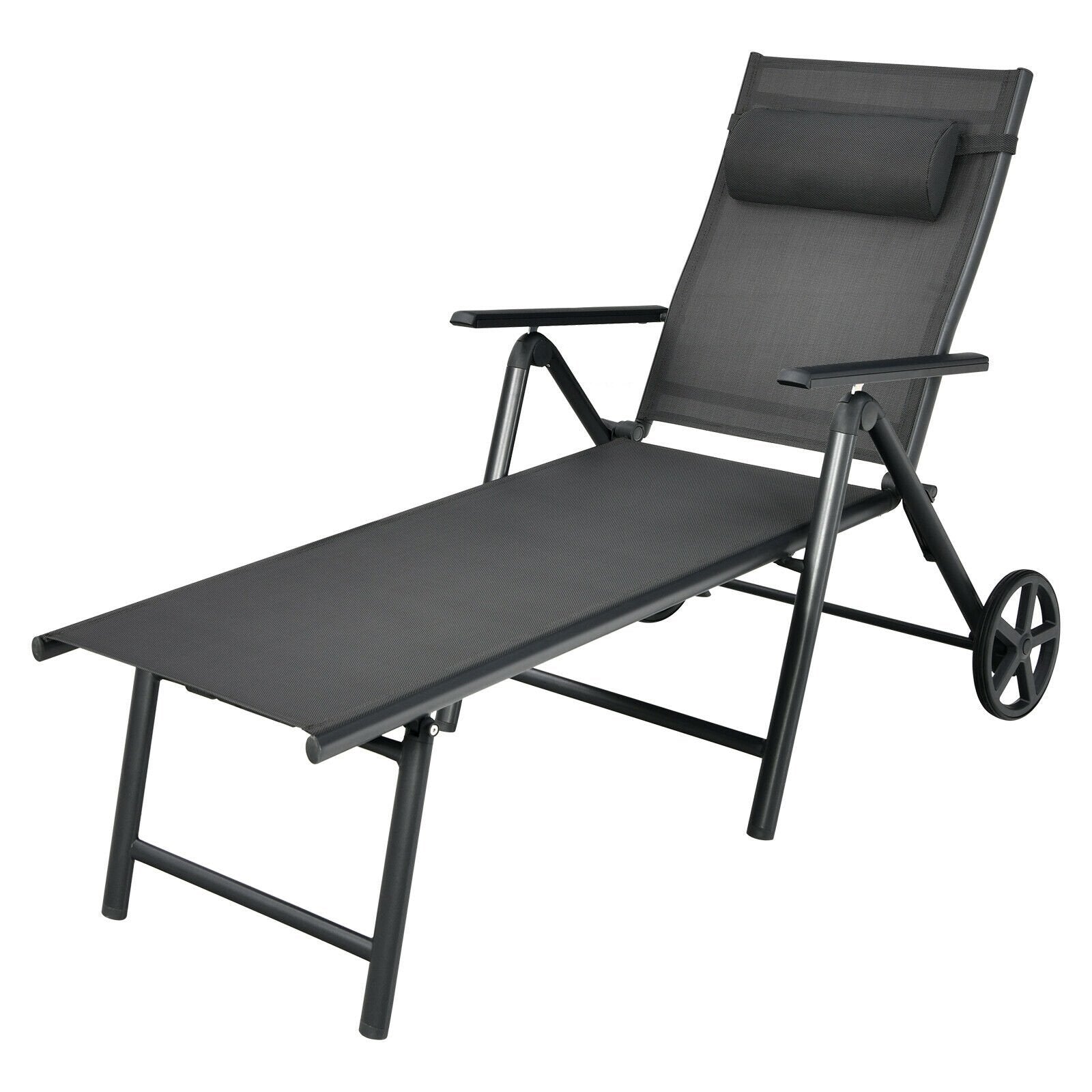 Patio Lounge Chair with Wheels Neck Pillow Aluminum Frame Adjustable, Gray Outdoor Chaise Lounges   at Gallery Canada