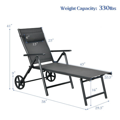 Patio Lounge Chair with Wheels Neck Pillow Aluminum Frame Adjustable, Gray Outdoor Chaise Lounges   at Gallery Canada