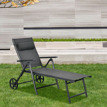 Patio Lounge Chair with Wheels Neck Pillow Aluminum Frame Adjustable, Gray Outdoor Chaise Lounges   at Gallery Canada