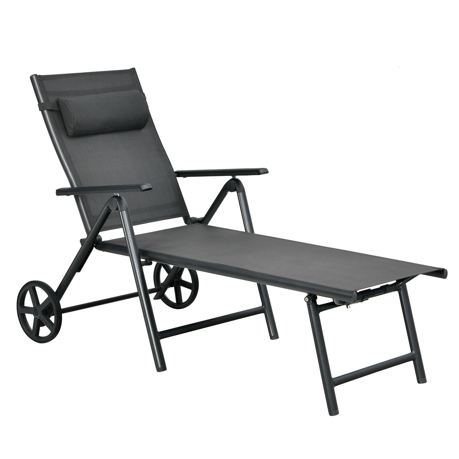 Patio Lounge Chair with Wheels Neck Pillow Aluminum Frame Adjustable, Gray Outdoor Chaise Lounges   at Gallery Canada