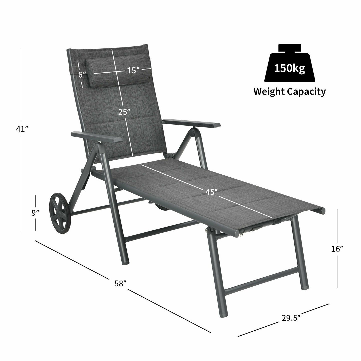 Patio Reclining Chaise Lounge with Adjust Neck Pillow, Gray Outdoor Chaise Lounges   at Gallery Canada