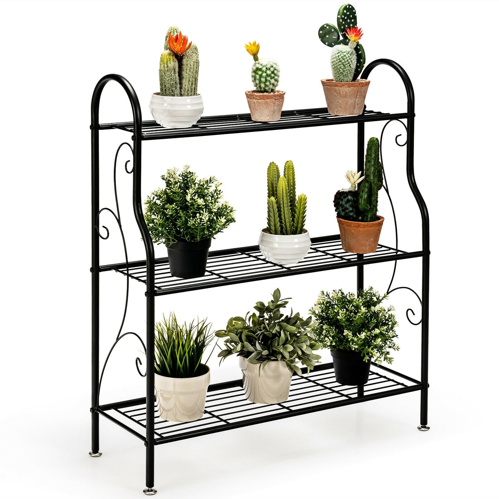 3-Tier Scrollwork Designed Metal Plant Stand, Black Plant Stands   at Gallery Canada