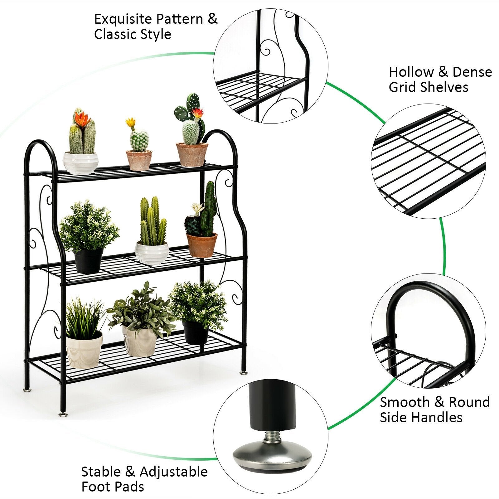 3-Tier Scrollwork Designed Metal Plant Stand, Black Plant Stands   at Gallery Canada