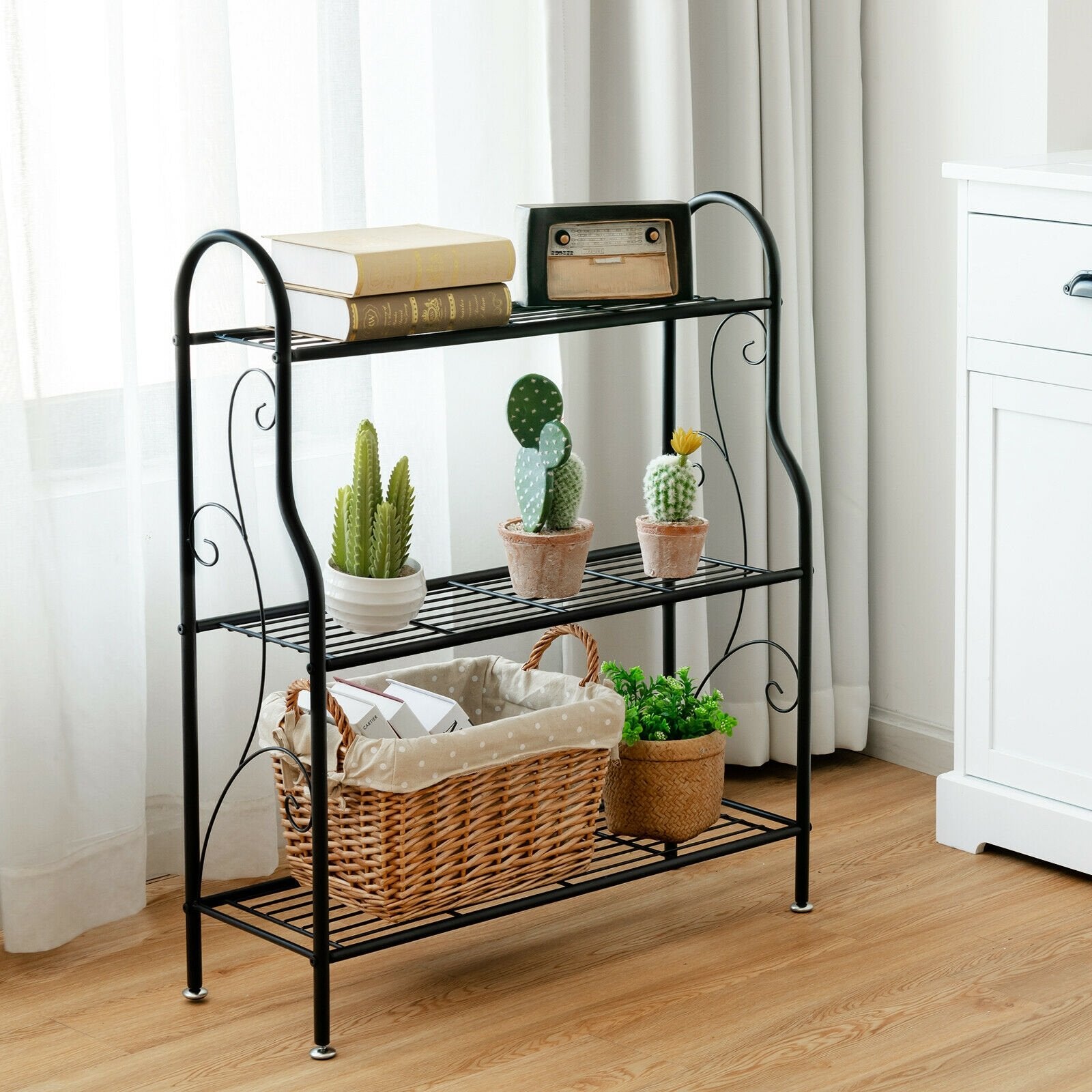 3-Tier Scrollwork Designed Metal Plant Stand, Black Plant Stands   at Gallery Canada