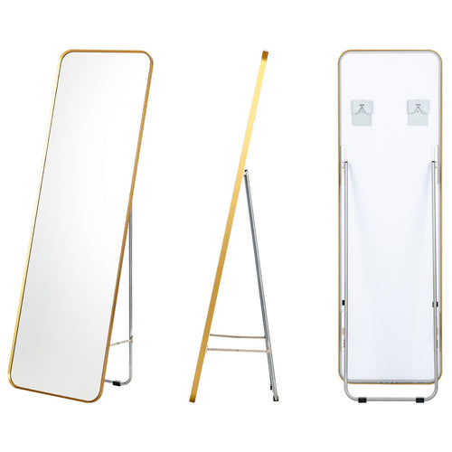 Full Length Wall Mounted Hanging Mirror with Stand Free Standing Body, Golden