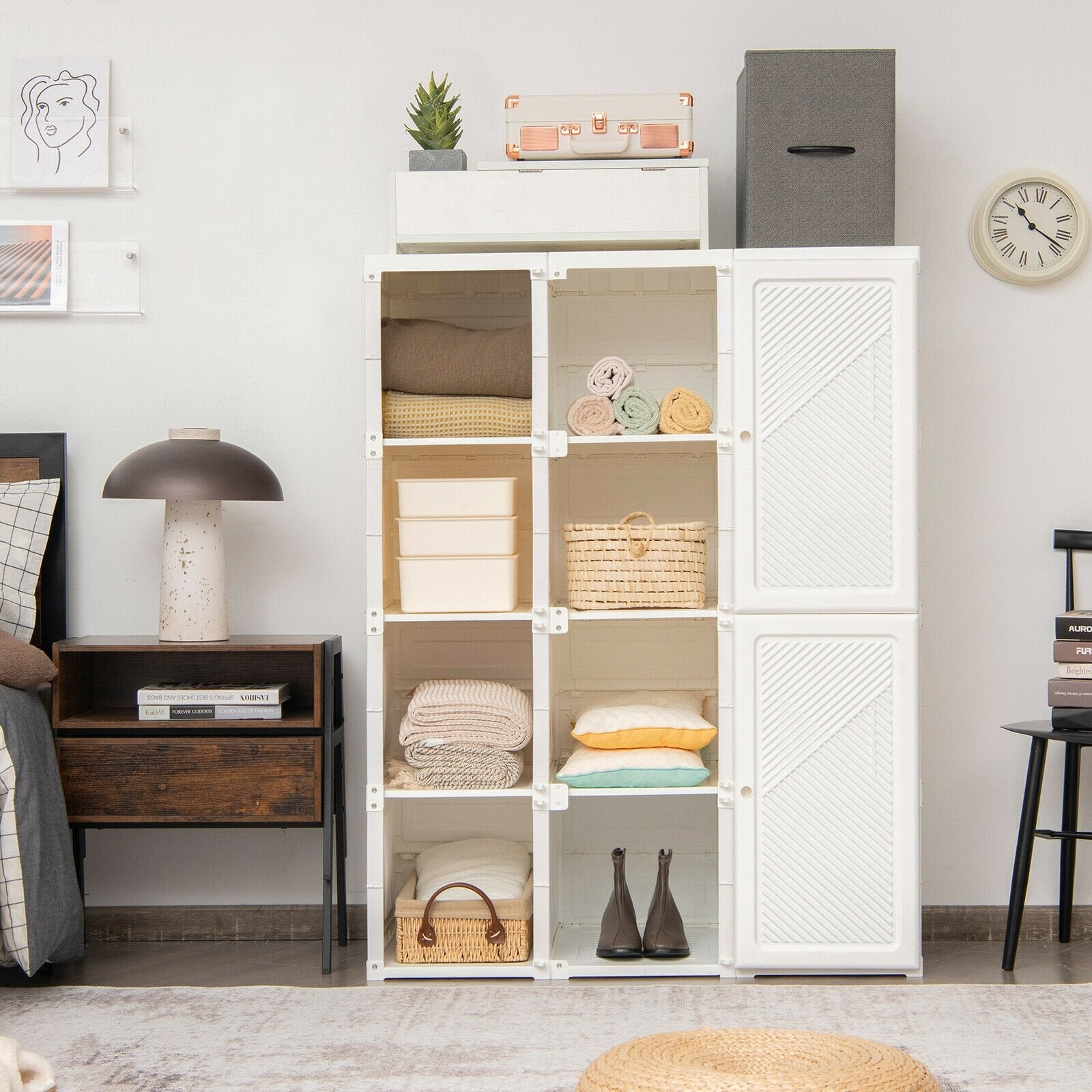 Clothes Foldable Armoire Wardrobe Closet with 12 Cubby Storage, White Clothing & Closet Storage   at Gallery Canada