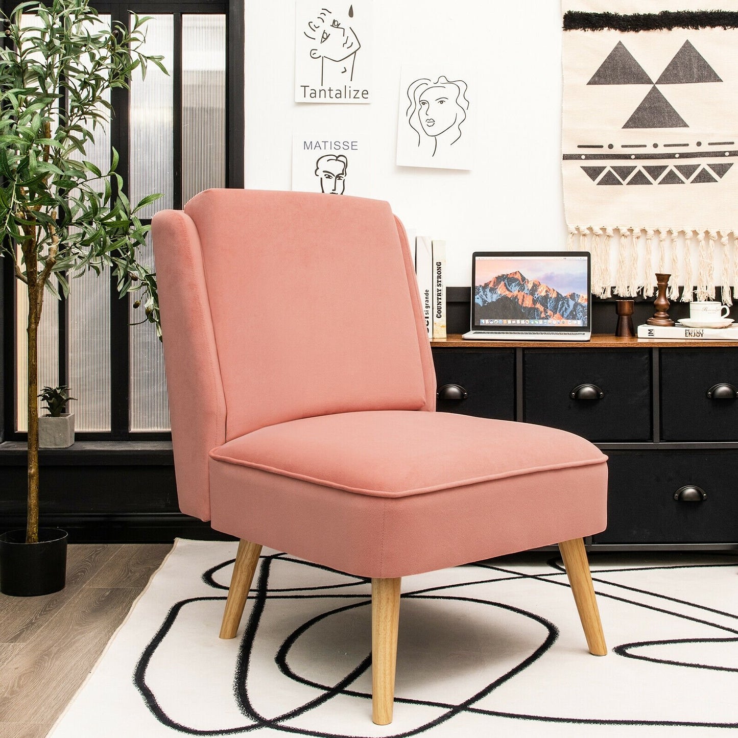 Velvet Accent Armless Side Chair with Rubber Wood Legs for Bedroom, Pink Accent Chairs   at Gallery Canada