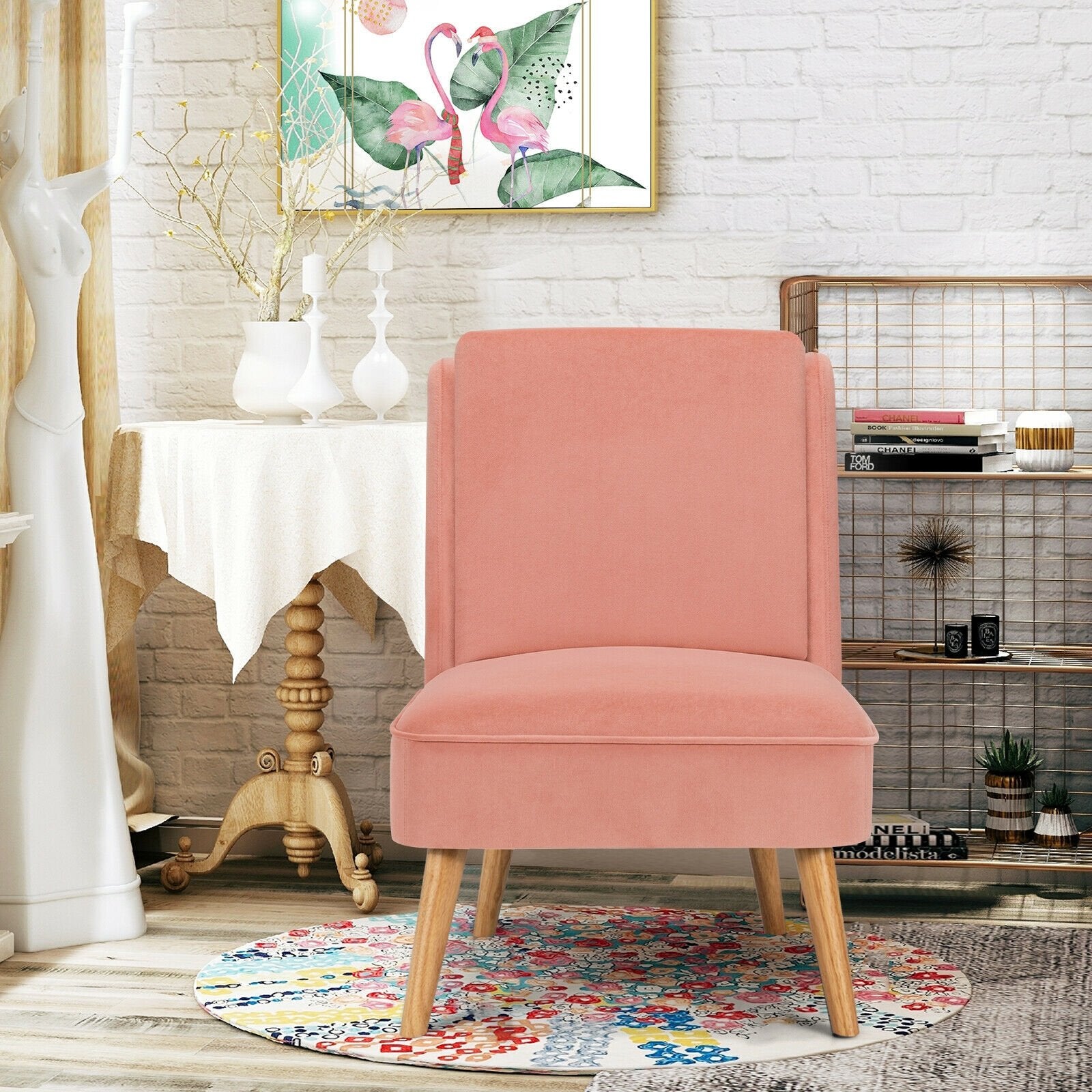 Velvet Accent Armless Side Chair with Rubber Wood Legs for Bedroom, Pink Accent Chairs   at Gallery Canada