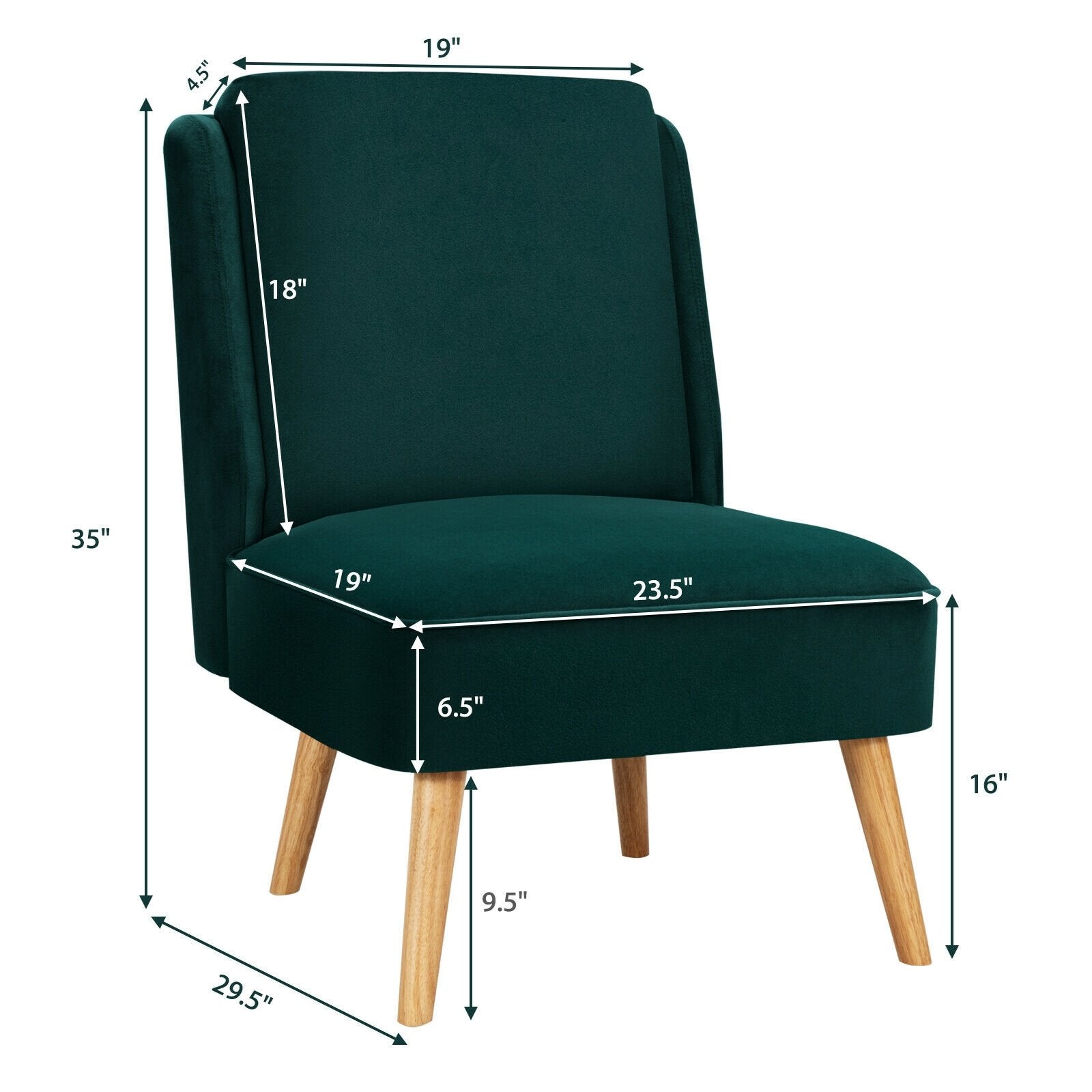 Velvet Accent Armless Side Chair with Rubber Wood Legs for Bedroom, Green Accent Chairs   at Gallery Canada