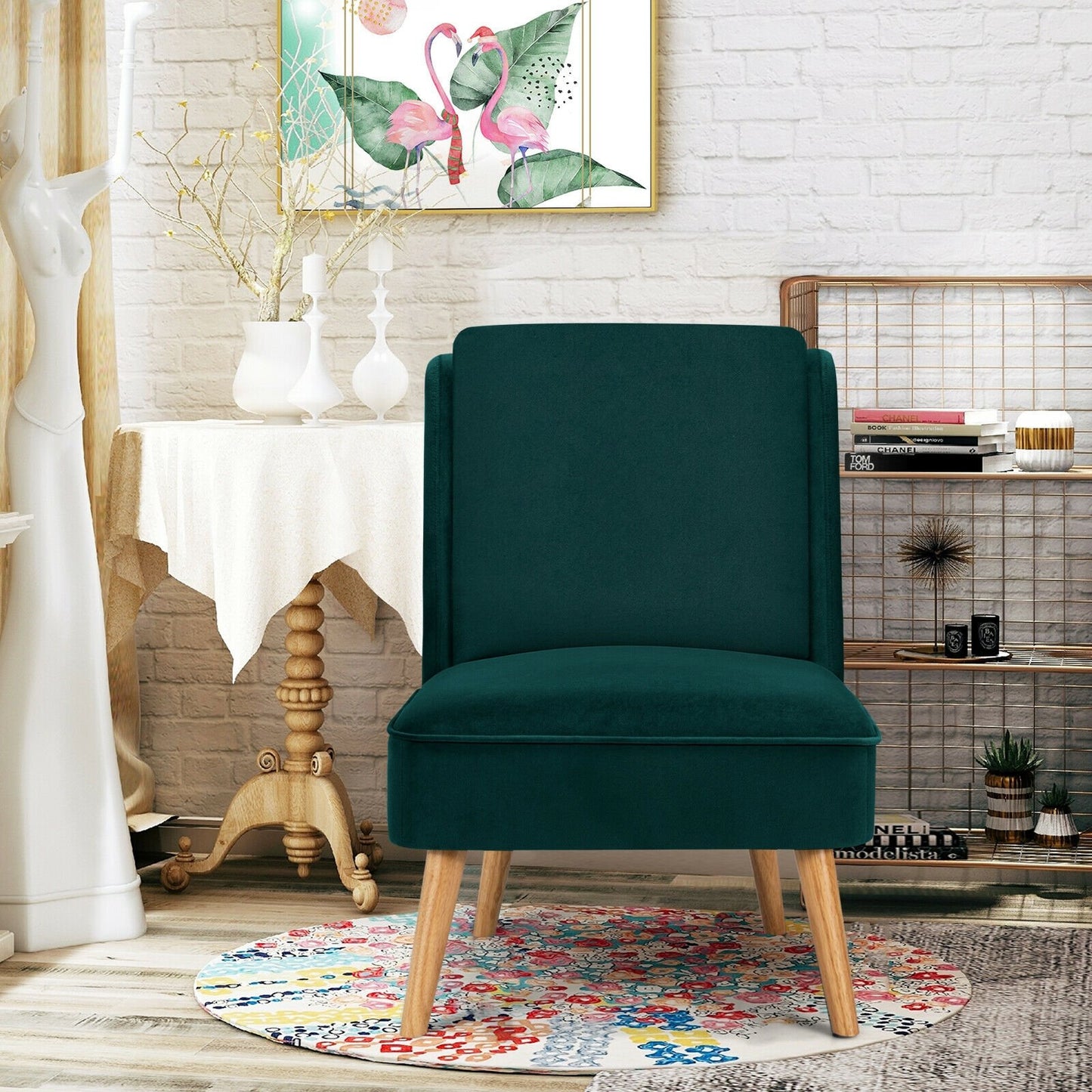 Velvet Accent Armless Side Chair with Rubber Wood Legs for Bedroom, Green Accent Chairs   at Gallery Canada