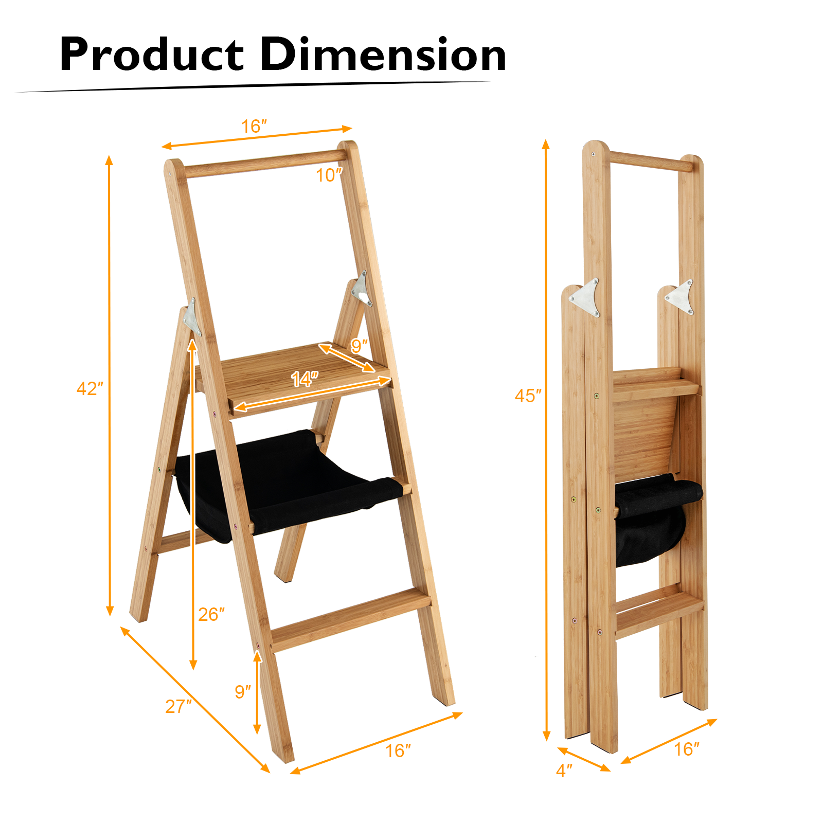 3 Step Foldable Bamboo Step Ladder Stool with Tool Storage Bag, Natural Ladders   at Gallery Canada