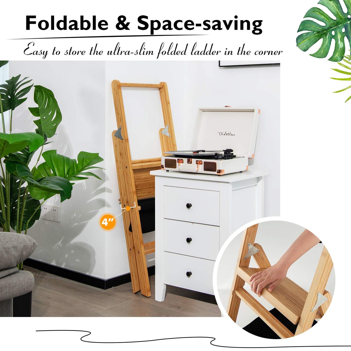 3 Step Foldable Bamboo Step Ladder Stool with Tool Storage Bag, Natural Ladders   at Gallery Canada