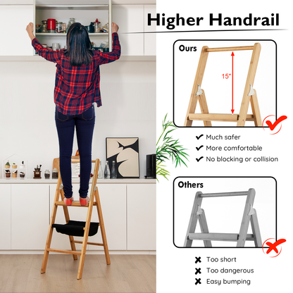 3 Step Foldable Bamboo Step Ladder Stool with Tool Storage Bag, Natural Ladders   at Gallery Canada