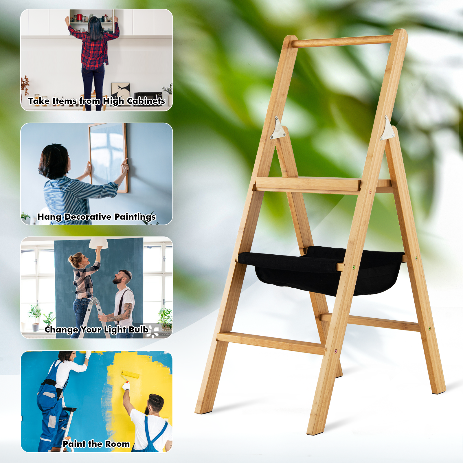 3 Step Foldable Bamboo Step Ladder Stool with Tool Storage Bag, Natural Ladders   at Gallery Canada