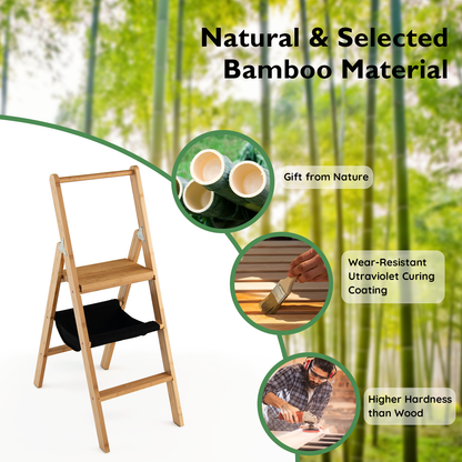 3 Step Foldable Bamboo Step Ladder Stool with Tool Storage Bag, Natural Ladders   at Gallery Canada