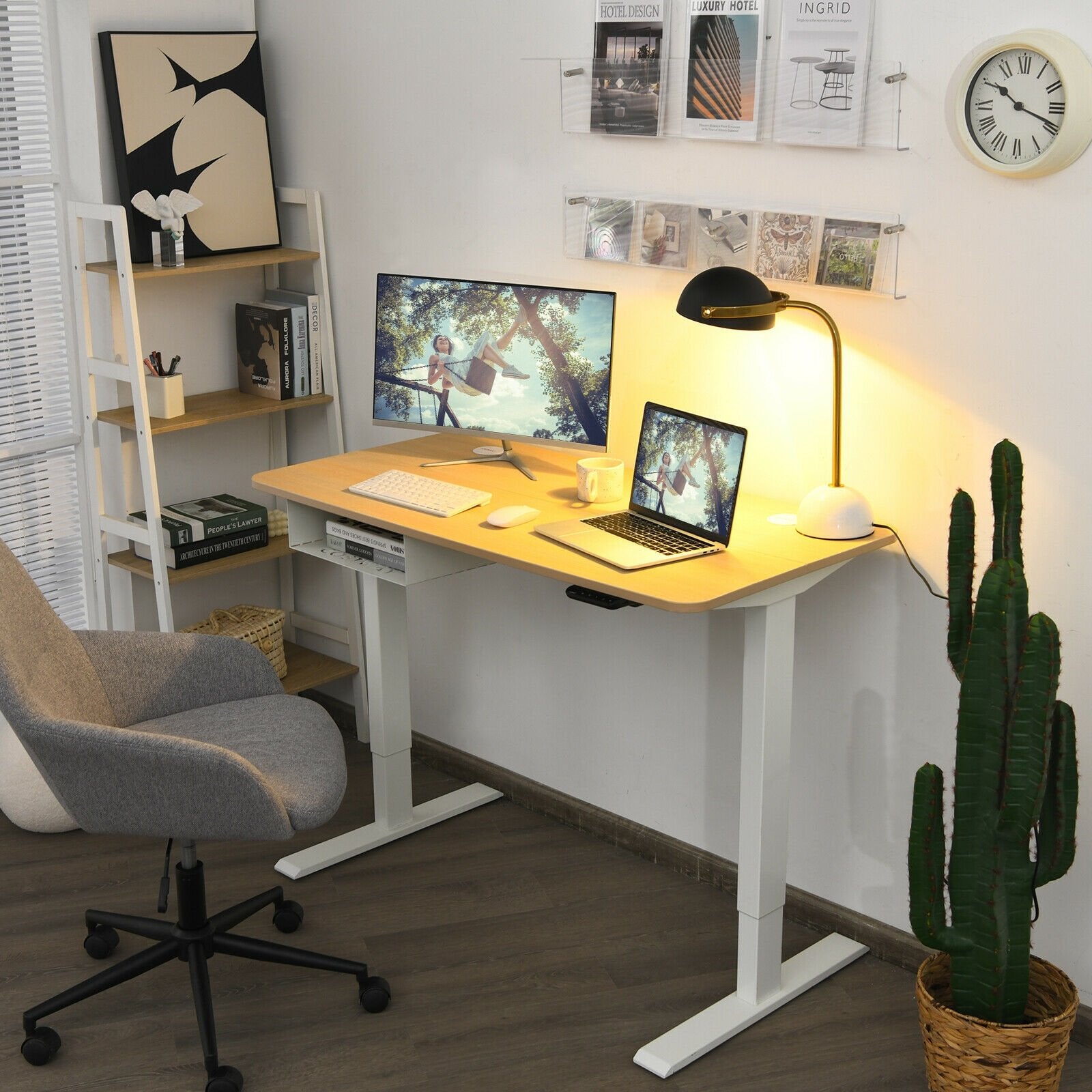 48 Inches Electric Standing Adjustable Desk with Control Panel and USB Port, Beige Standing Desks   at Gallery Canada