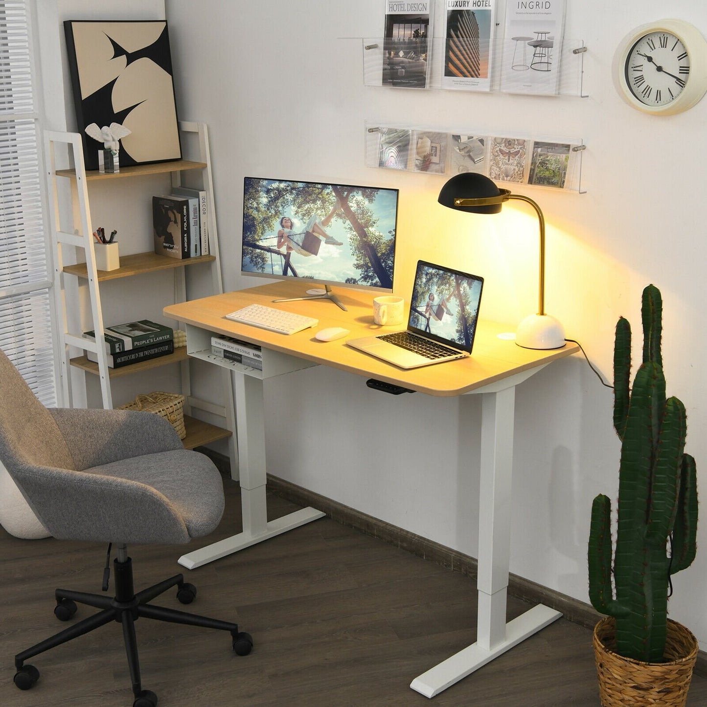 48 Inches Electric Standing Adjustable Desk with Control Panel and USB Port, Beige Standing Desks   at Gallery Canada