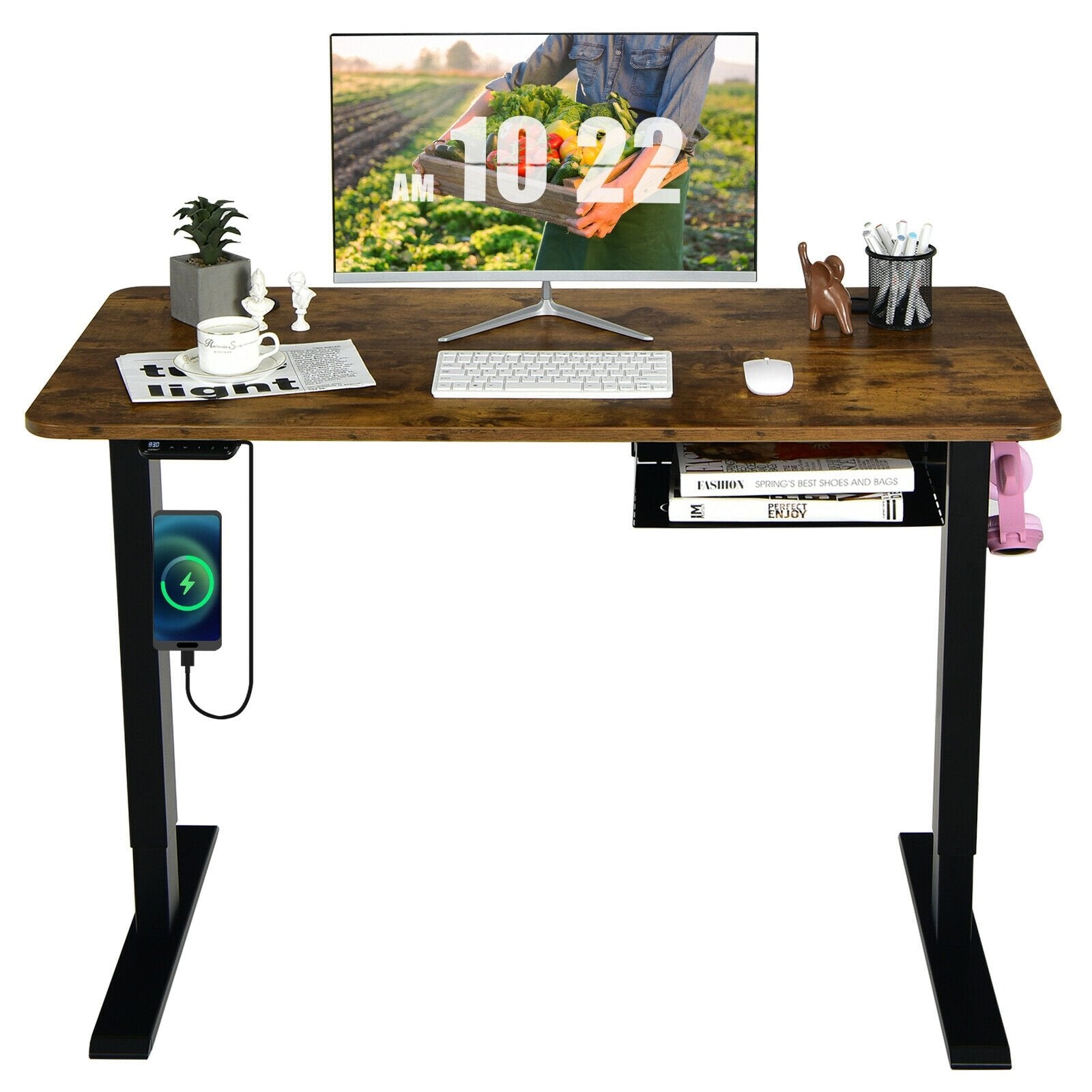 48-inch Electric Height Adjustable Standing Desk with Control Panel, Brown Standing Desks   at Gallery Canada