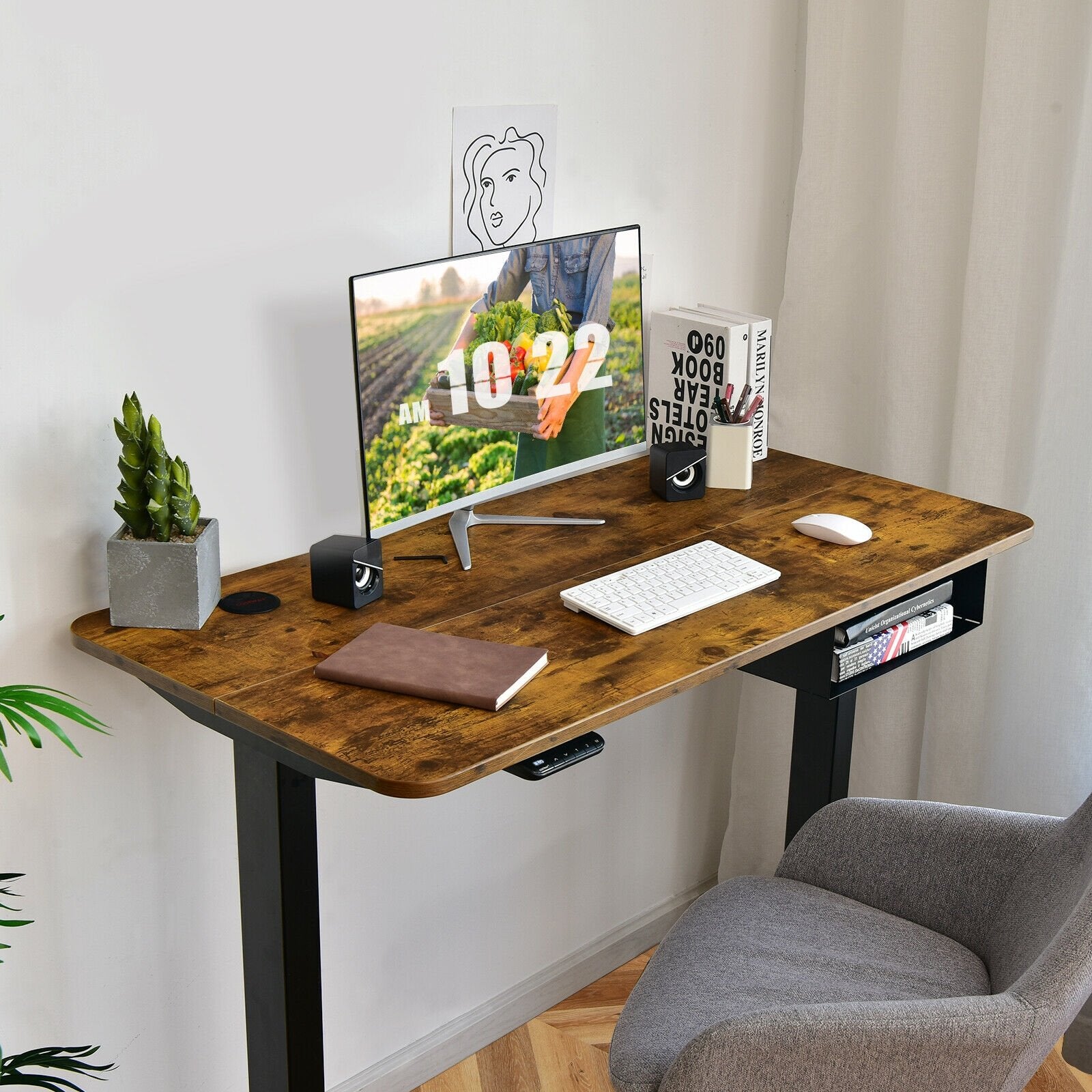 48-inch Electric Height Adjustable Standing Desk with Control Panel, Brown Standing Desks   at Gallery Canada