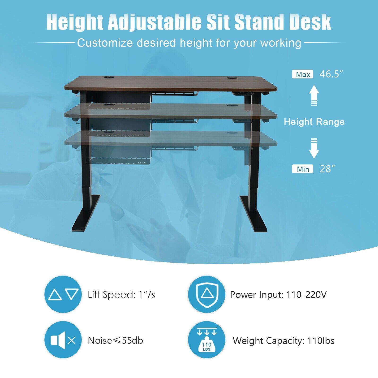 48-inch Electric Height Adjustable Standing Desk with Control Panel, Walnut Standing Desks   at Gallery Canada