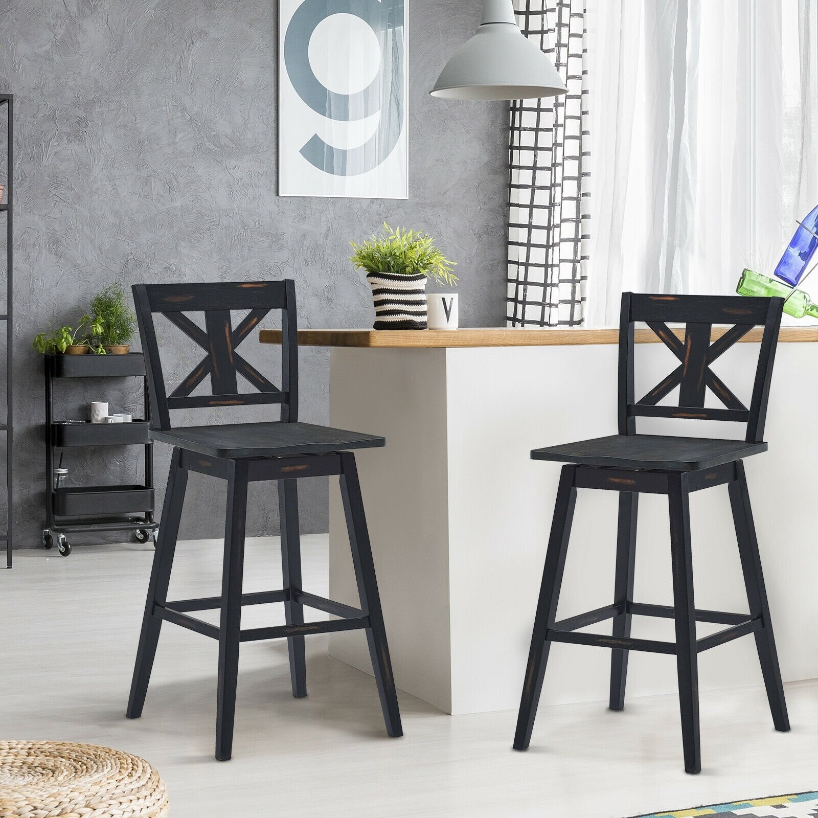 Set of 2 360-Degree Swivel Bar Stools for Home Restaurant, Black Bar Stools   at Gallery Canada