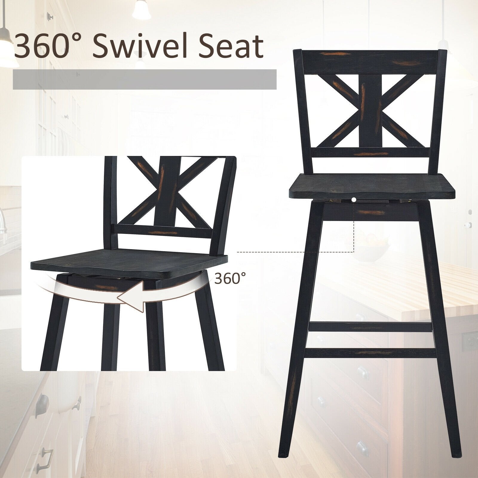 Set of 2 360-Degree Swivel Bar Stools for Home Restaurant, Black Bar Stools   at Gallery Canada