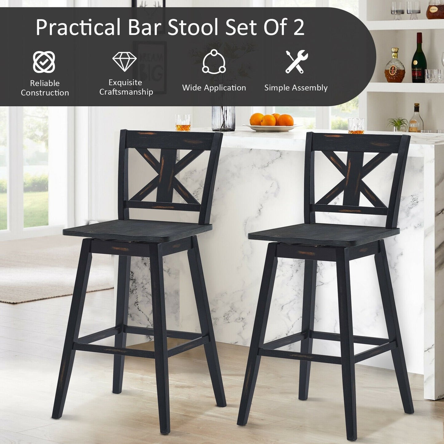 Set of 2 360-Degree Swivel Bar Stools for Home Restaurant, Black Bar Stools   at Gallery Canada