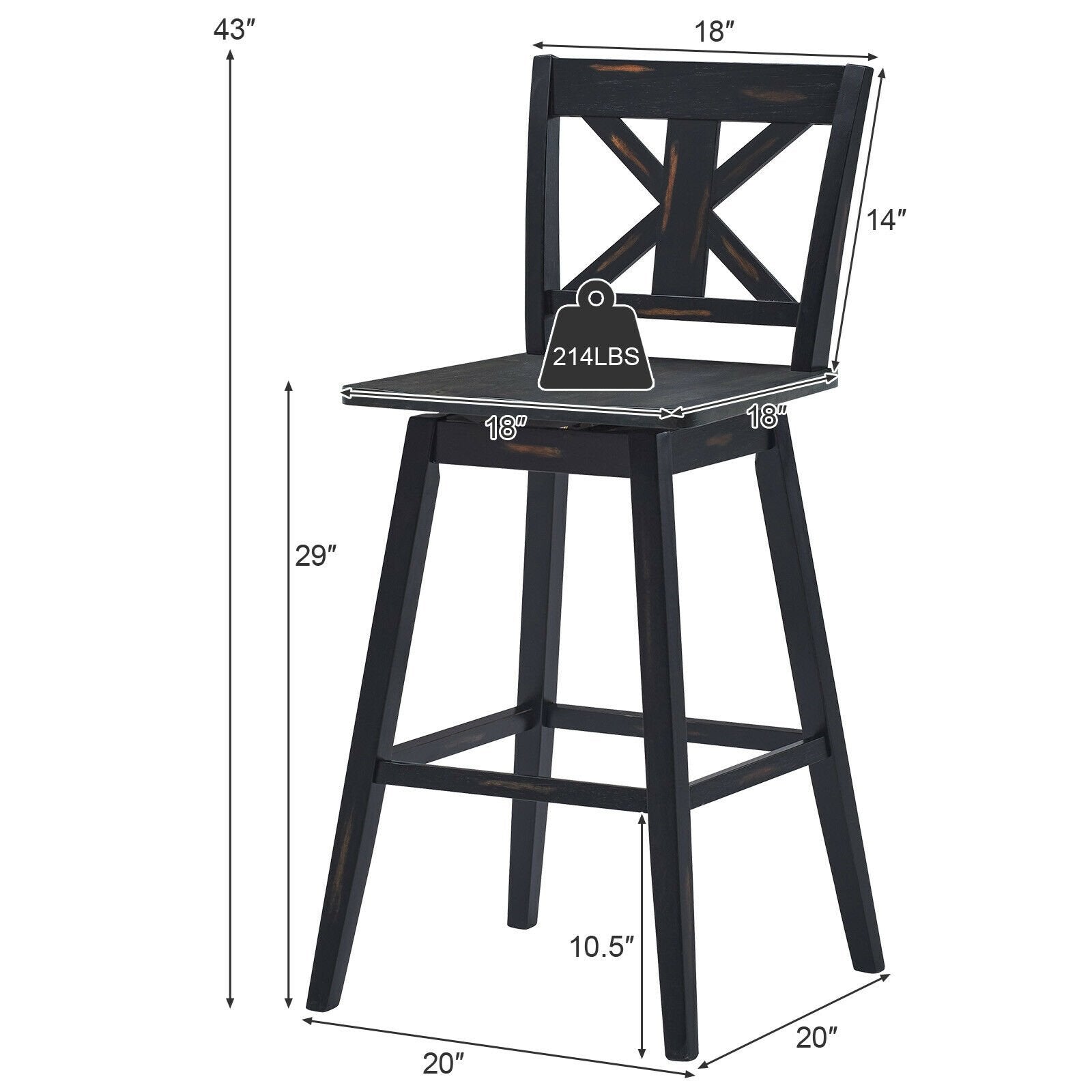 Set of 2 360-Degree Swivel Bar Stools for Home Restaurant, Black Bar Stools   at Gallery Canada