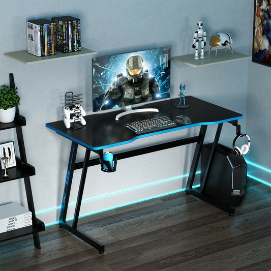 47.5 Inch Z-Shaped Computer Gaming Desk with Handle Rack, Blue - Gallery Canada