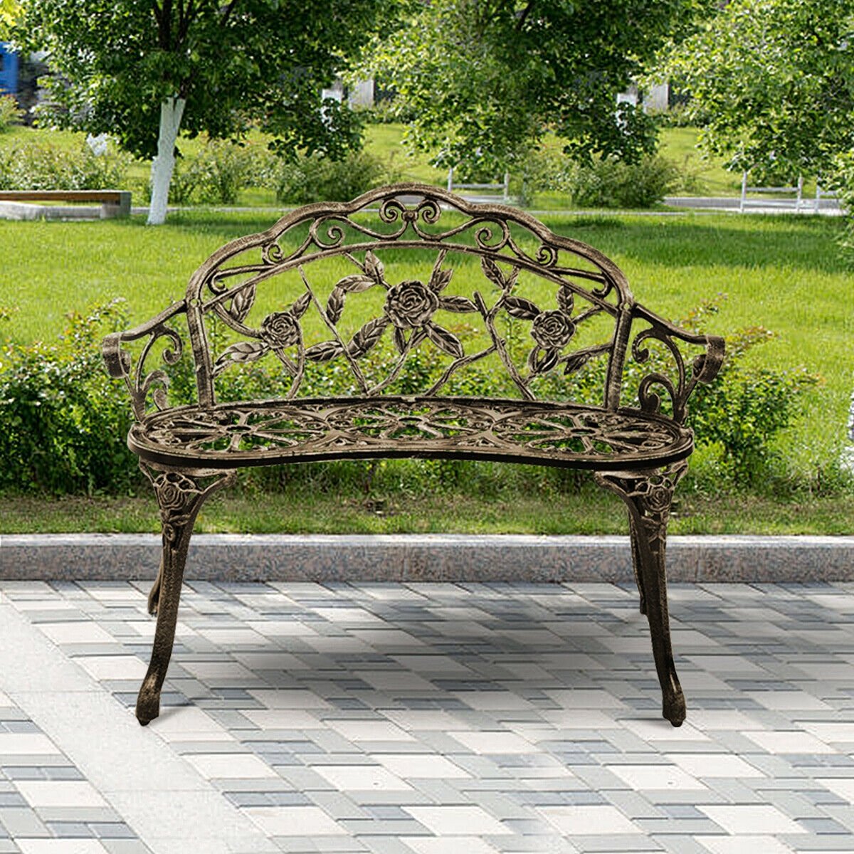 Aluminum Patio Outdoor Garden Bench Chair Loveseat Cast, Bronze - Gallery Canada