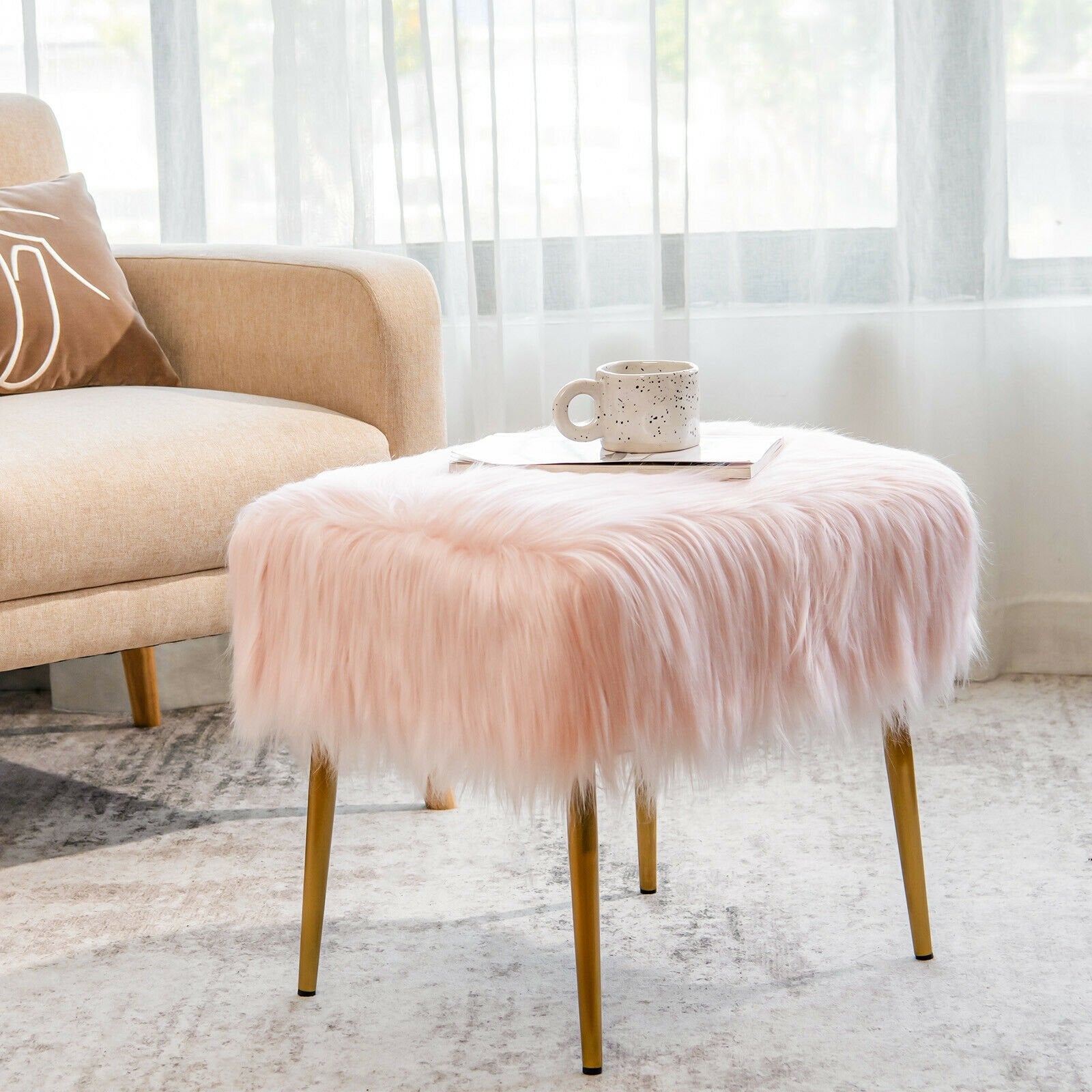 Faux Fur Vanity Stool with Golden Metal Legs for Makeup Room, Pink - Gallery Canada