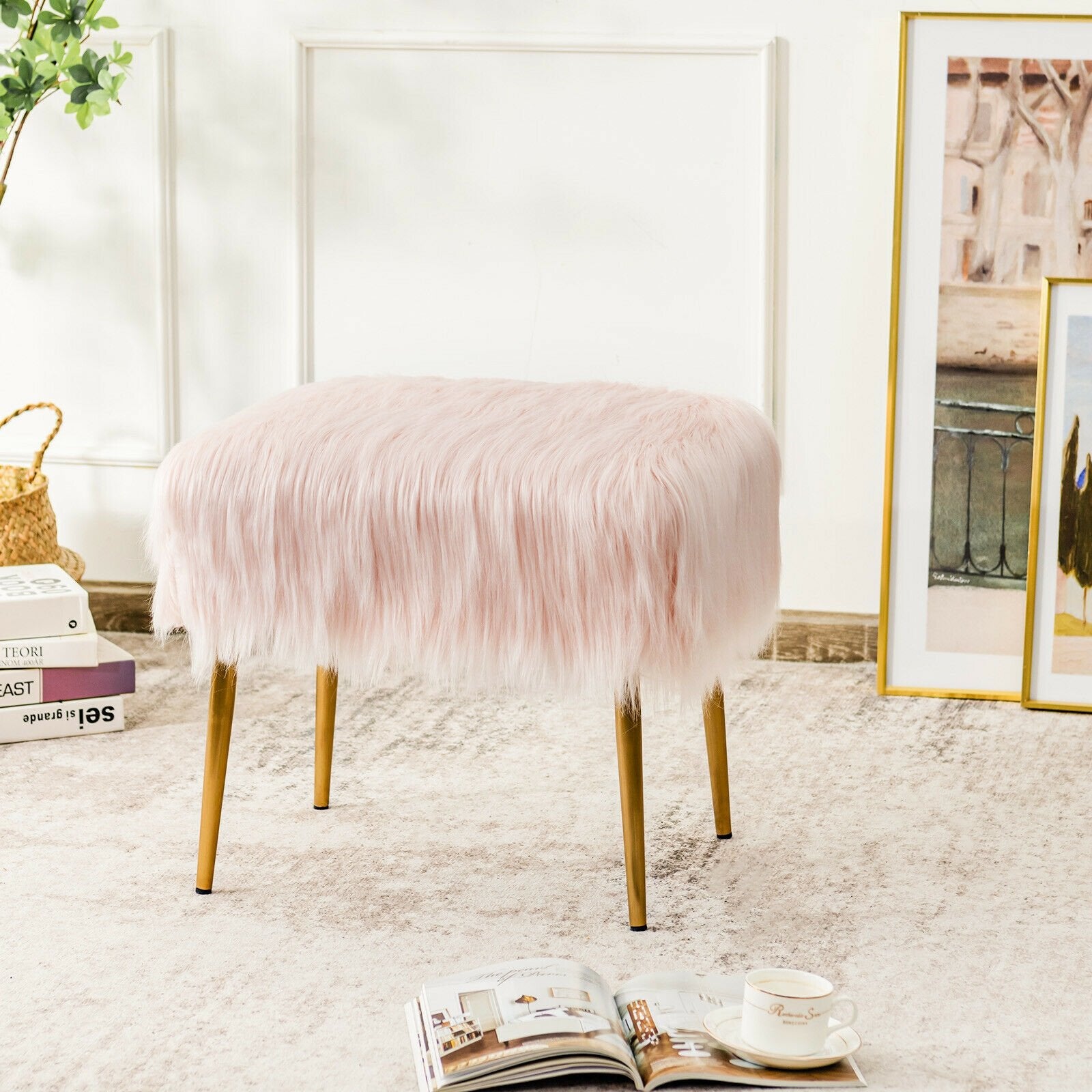 Faux Fur Vanity Stool with Golden Metal Legs for Makeup Room, Pink - Gallery Canada