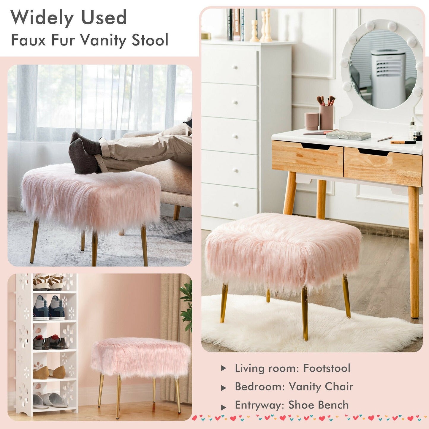 Faux Fur Vanity Stool with Golden Metal Legs for Makeup Room, Pink - Gallery Canada