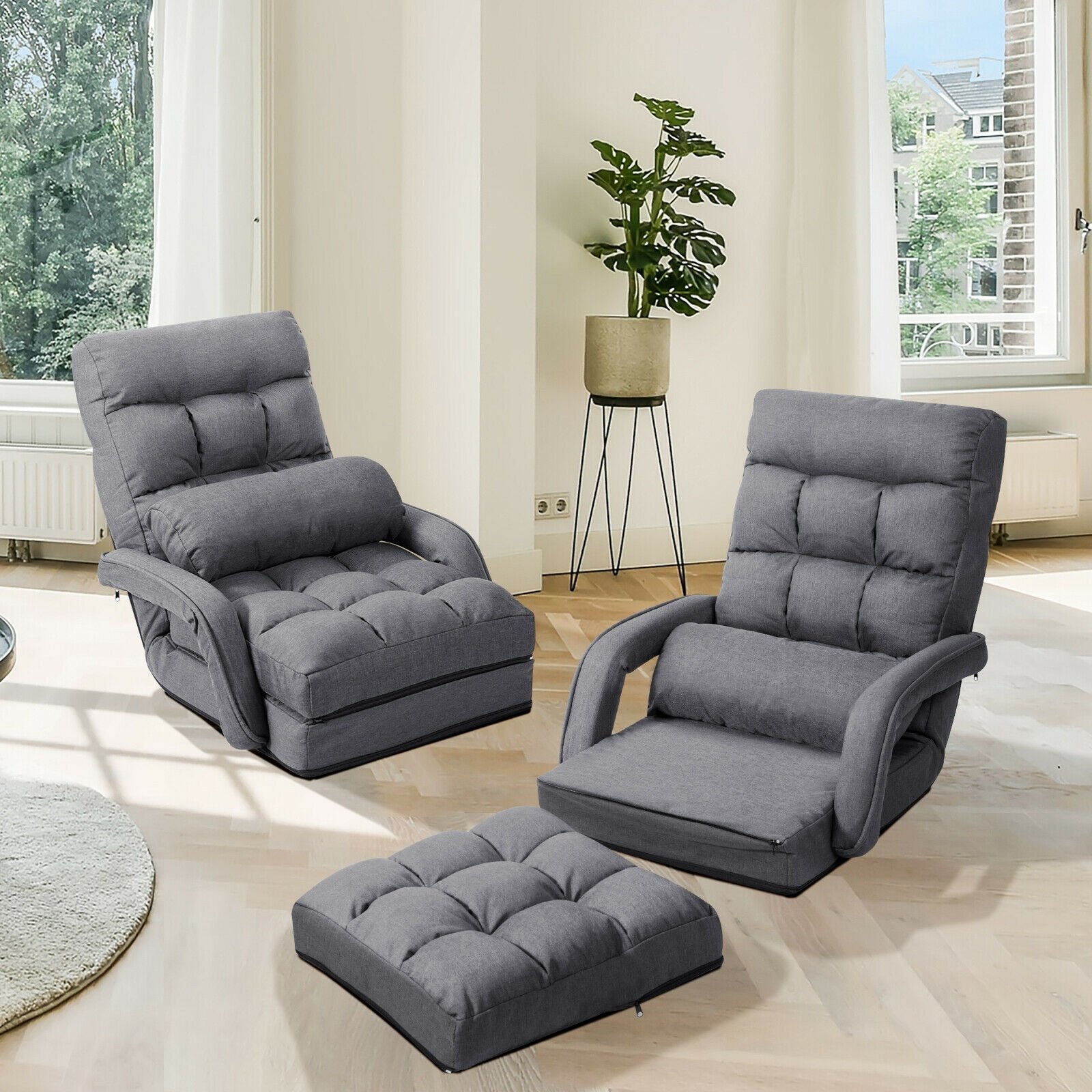 Folding Lazy Floor Chair Sofa with Armrests and Pillow, Gray Floor Chairs   at Gallery Canada