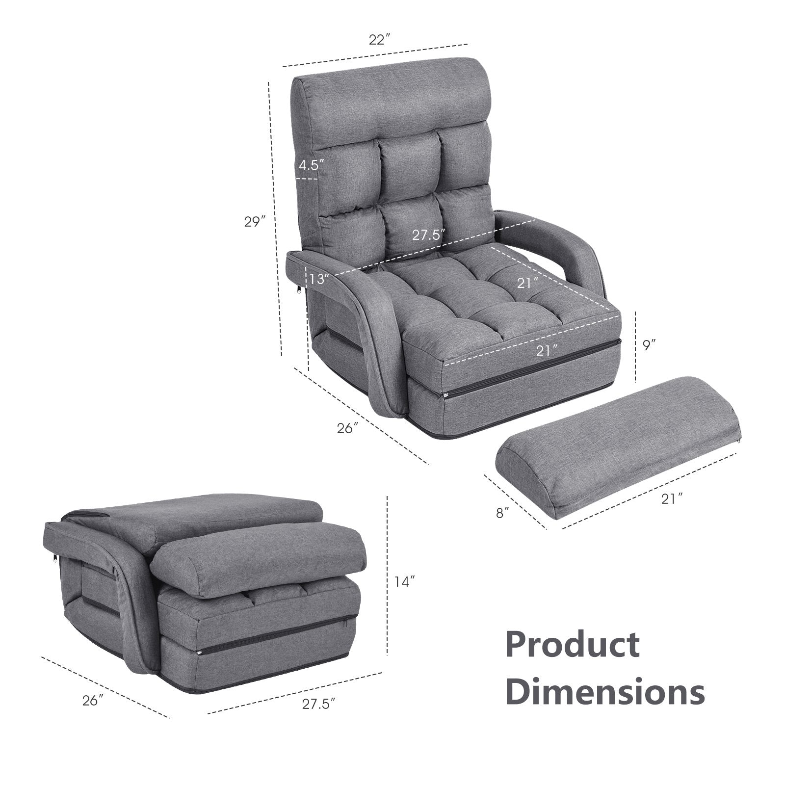 Folding Lazy Floor Chair Sofa with Armrests and Pillow, Gray Floor Chairs   at Gallery Canada