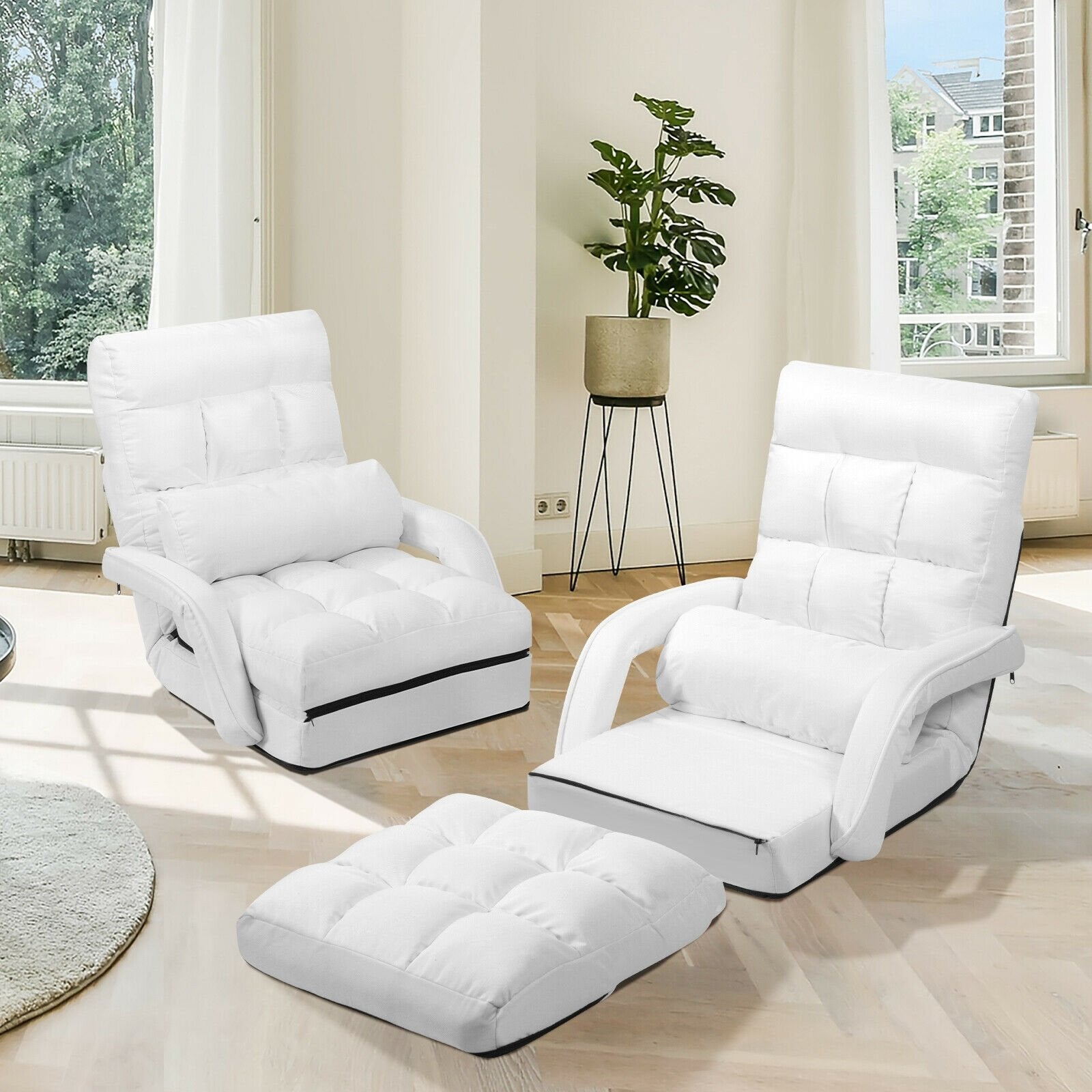 Folding Lazy Floor Chair Sofa with Armrests and Pillow, White Floor Chairs   at Gallery Canada