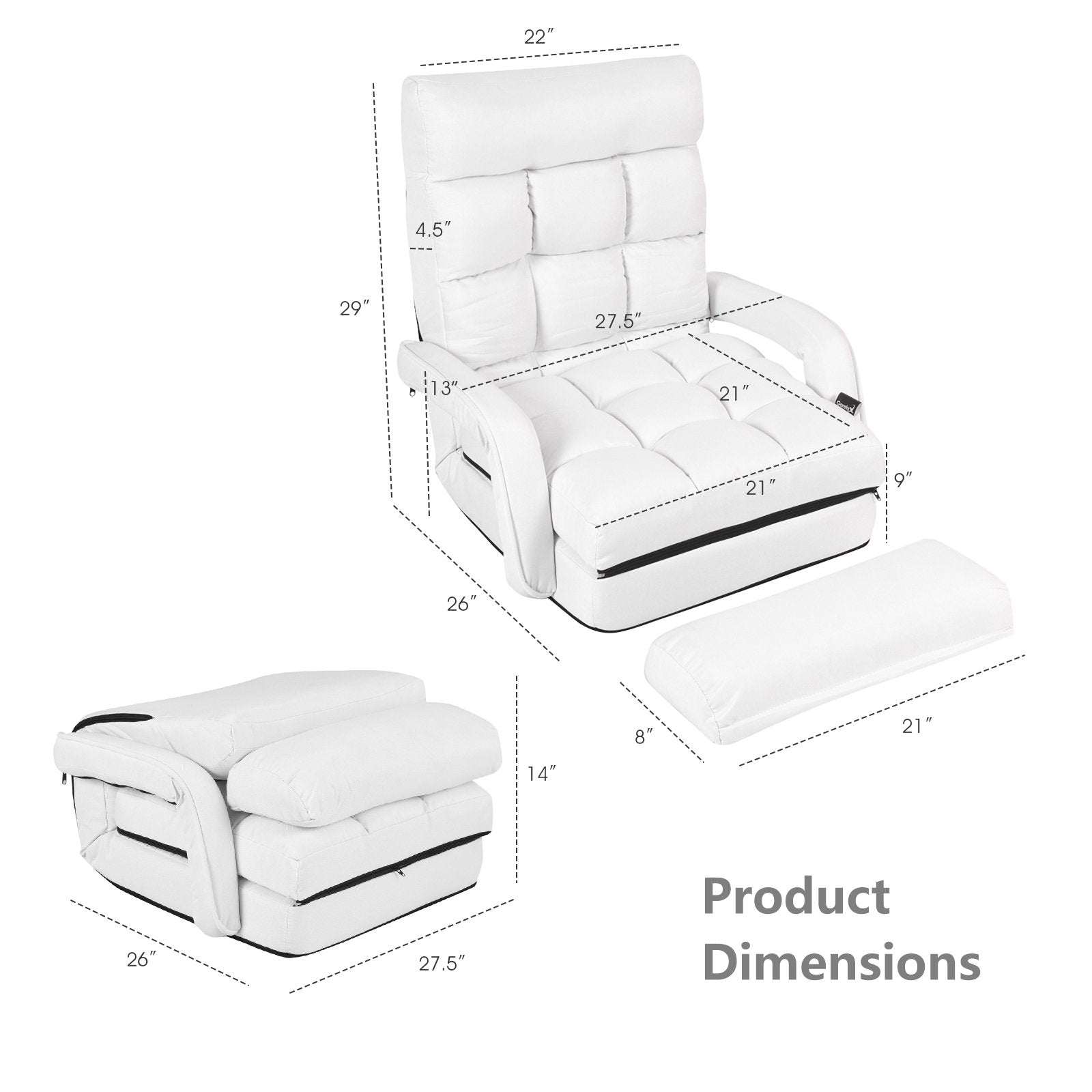 Folding Lazy Floor Chair Sofa with Armrests and Pillow, White Floor Chairs   at Gallery Canada