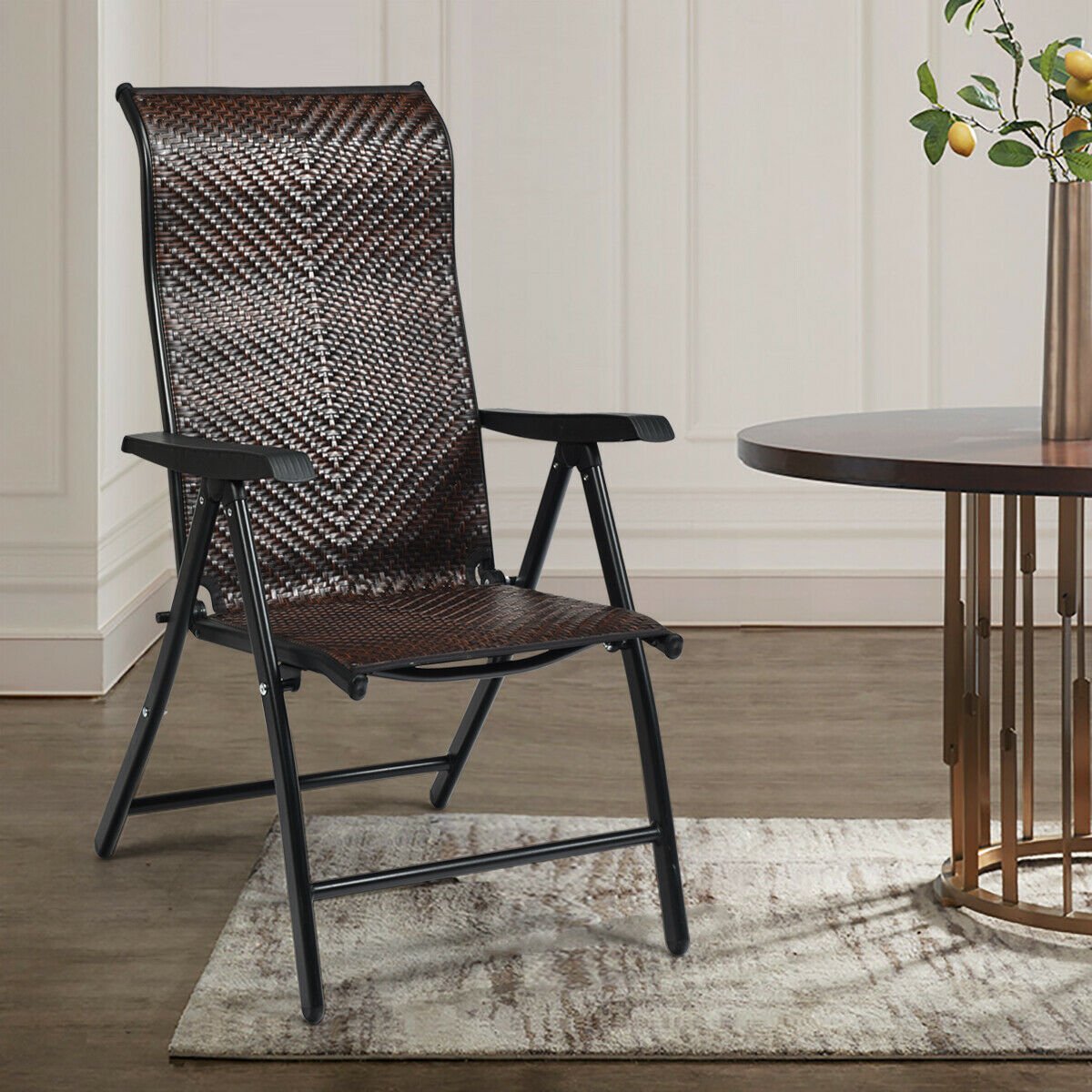 Patio Rattan Folding Chair with Armrest, Brown Patio Dining Chairs   at Gallery Canada