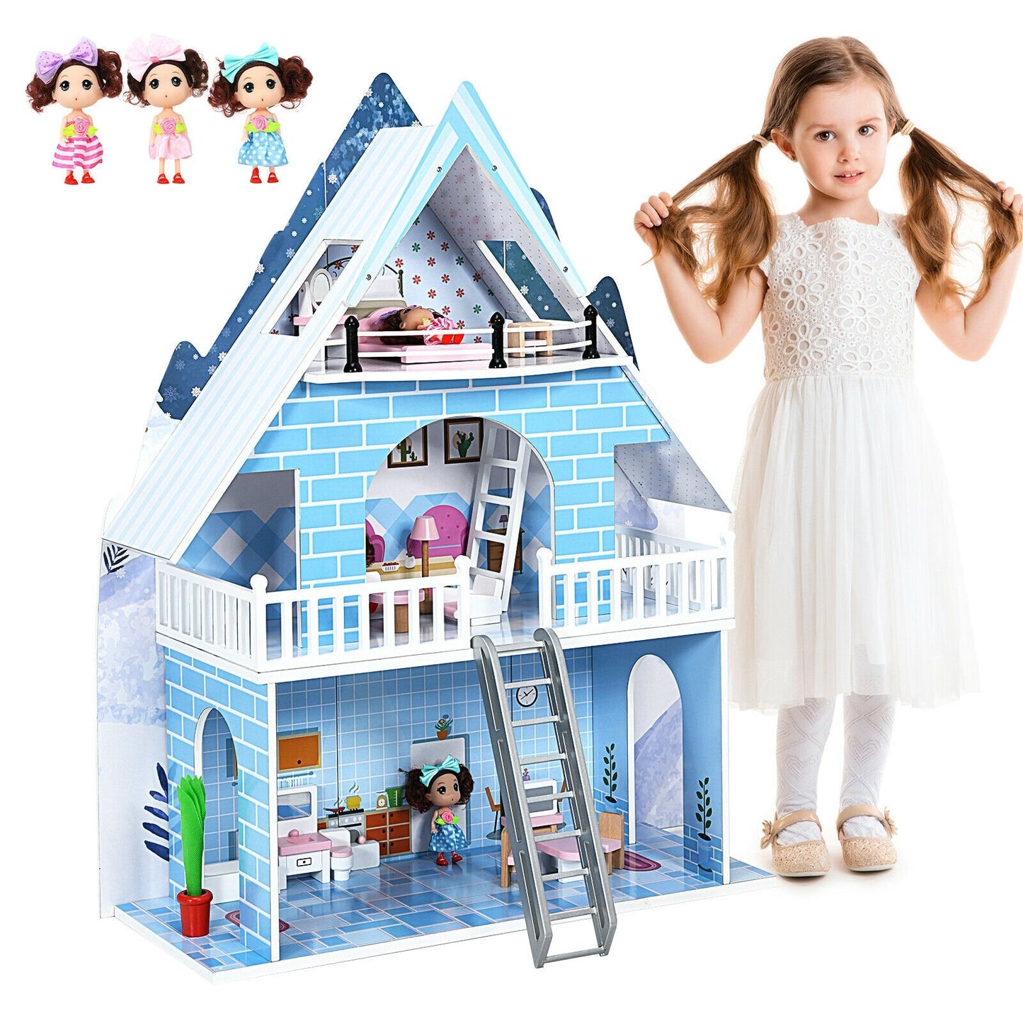 Wooden Dollhouse 3-Story Pretend Playset with Furniture and Doll Gift for Age 3+ Year, Blue - Gallery Canada