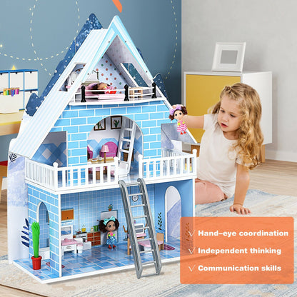 Wooden Dollhouse 3-Story Pretend Playset with Furniture and Doll Gift for Age 3+ Year, Blue - Gallery Canada
