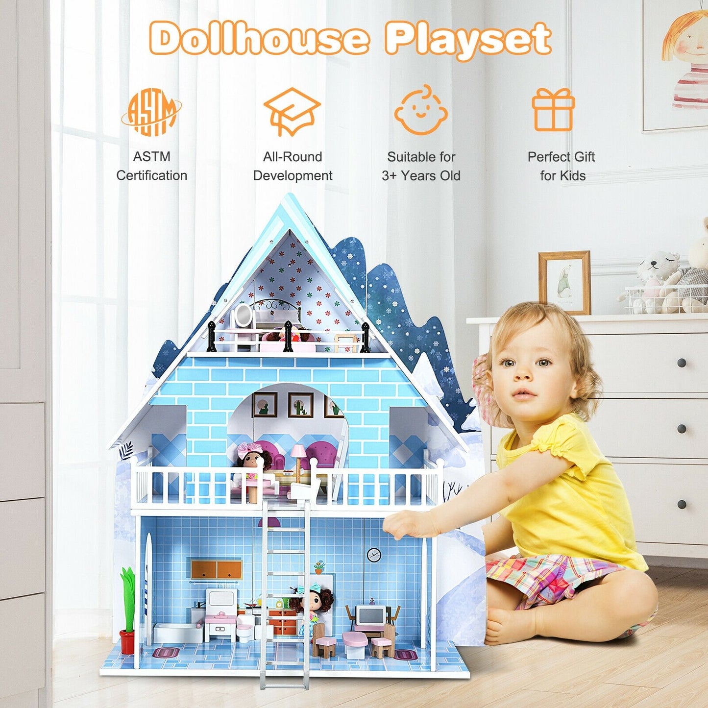 Wooden Dollhouse 3-Story Pretend Playset with Furniture and Doll Gift for Age 3+ Year, Blue - Gallery Canada