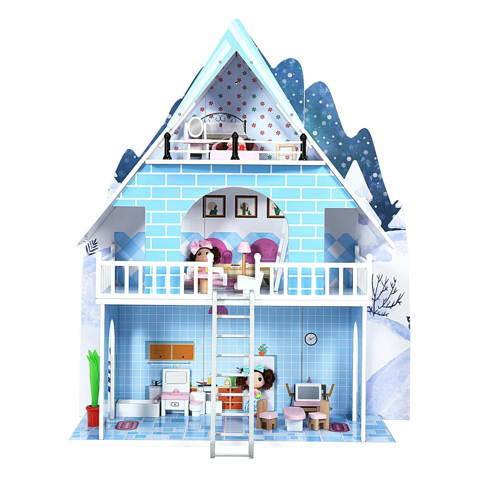 Wooden Dollhouse 3-Story Pretend Playset with Furniture and Doll Gift for Age 3+ Year, Blue Play Tents & Playhouse   at Gallery Canada