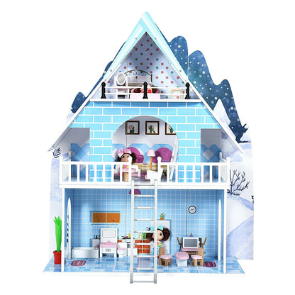 Wooden Dollhouse 3-Story Pretend Playset with Furniture and Doll Gift for Age 3+ Year, Blue - Gallery Canada