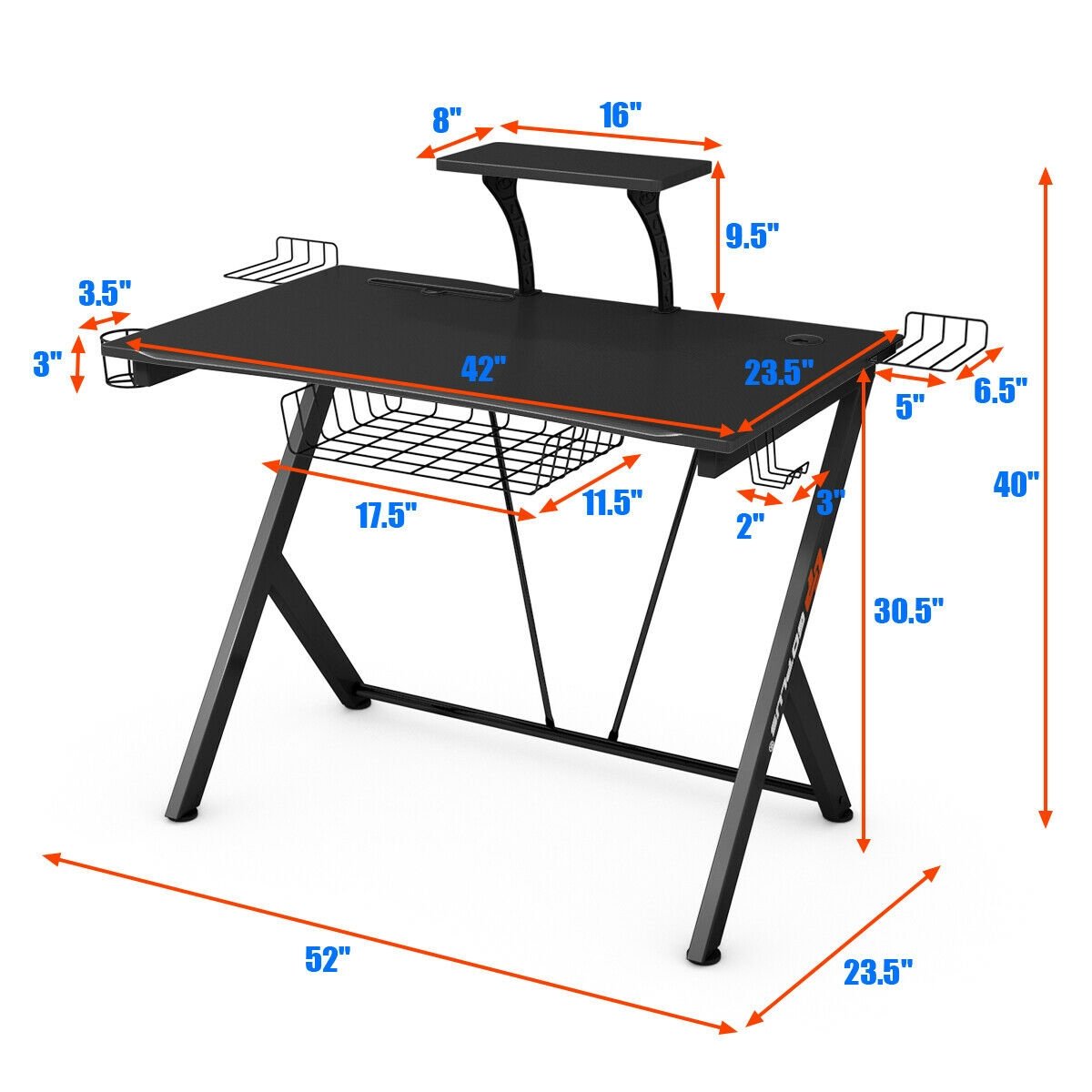 Multifunctional E-Sport Gaming Desk with Headset Hook and Cup Holder, Black Gaming Desks   at Gallery Canada