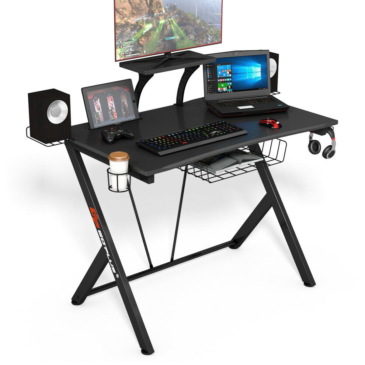 Multifunctional E-Sport Gaming Desk with Headset Hook and Cup Holder, Black Gaming Desks   at Gallery Canada