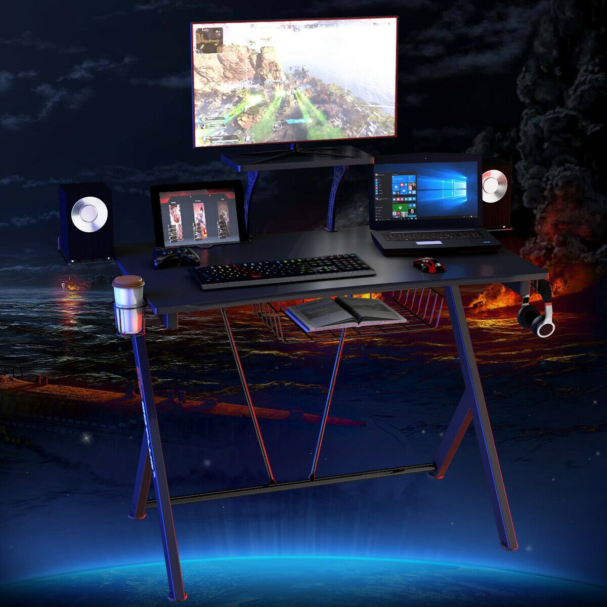 Multifunctional E-Sport Gaming Desk with Headset Hook and Cup Holder, Black Gaming Desks   at Gallery Canada