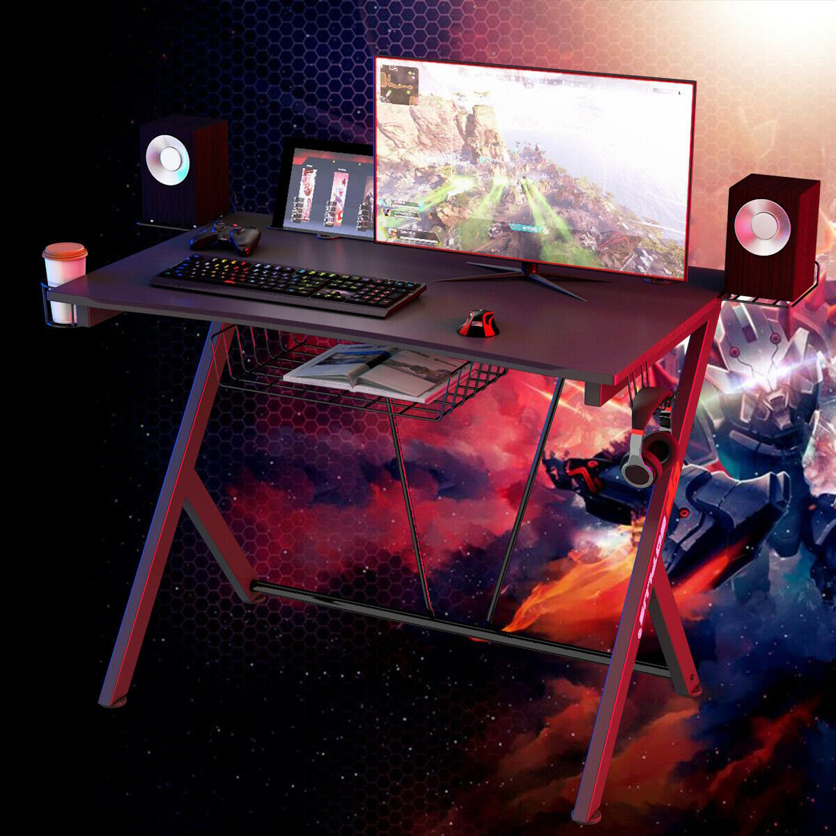 Multifunctional E-Sport Gaming Desk with Headset Hook and Cup Holder, Black Gaming Desks   at Gallery Canada