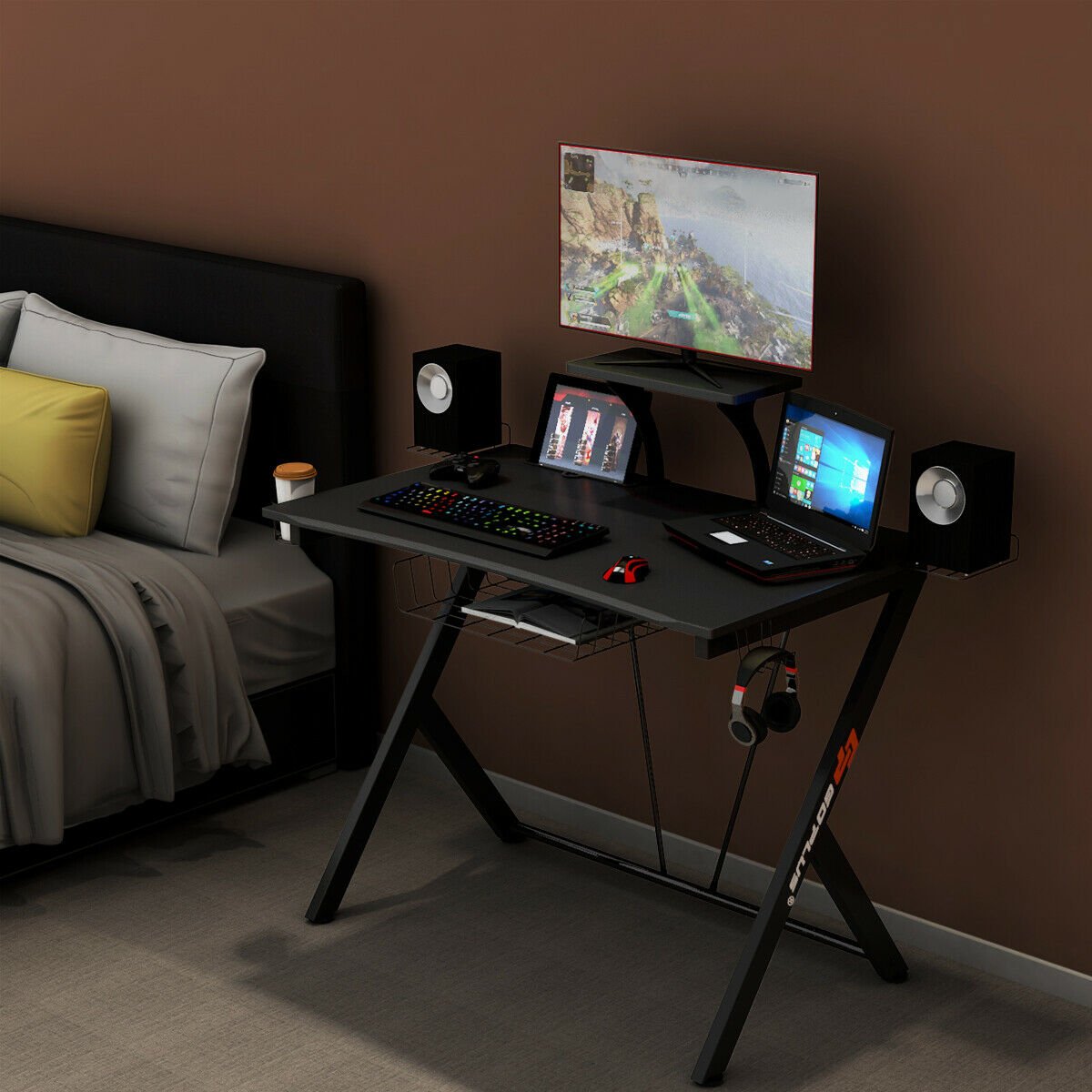 Multifunctional E-Sport Gaming Desk with Headset Hook and Cup Holder, Black Gaming Desks   at Gallery Canada