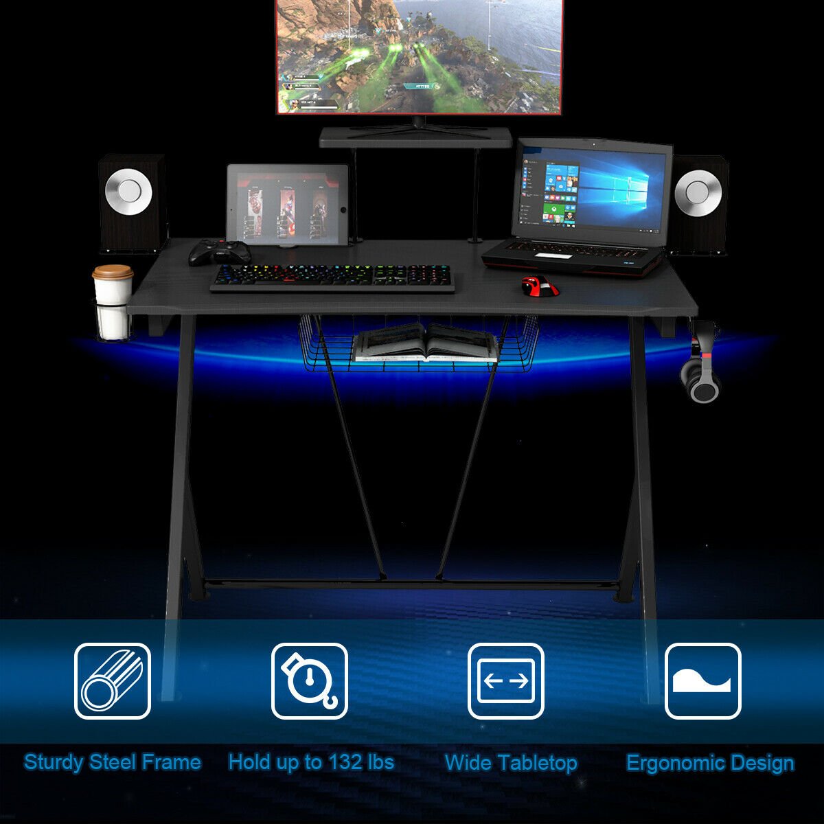 Multifunctional E-Sport Gaming Desk with Headset Hook and Cup Holder, Black Gaming Desks   at Gallery Canada