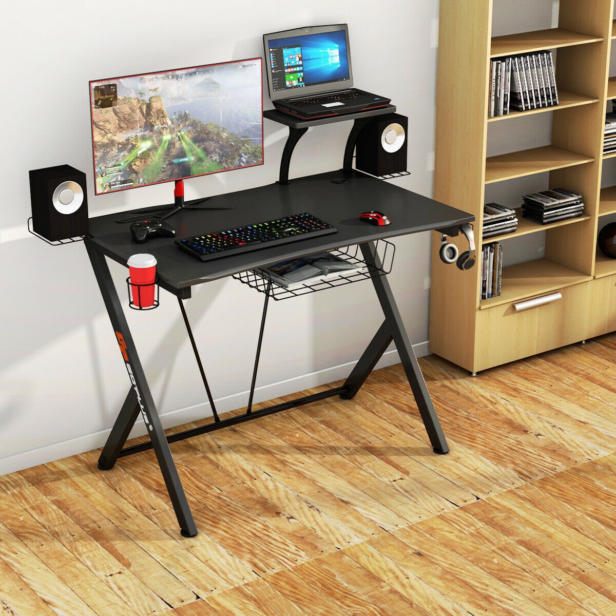 Multifunctional E-Sport Gaming Desk with Headset Hook and Cup Holder, Black Gaming Desks   at Gallery Canada